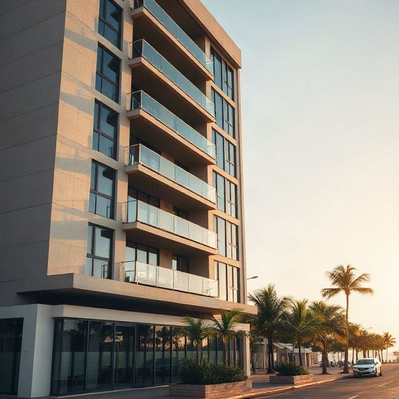 Fachada de edifício residencial moderno na Beira Mar de Fortaleza sob luz da tarde