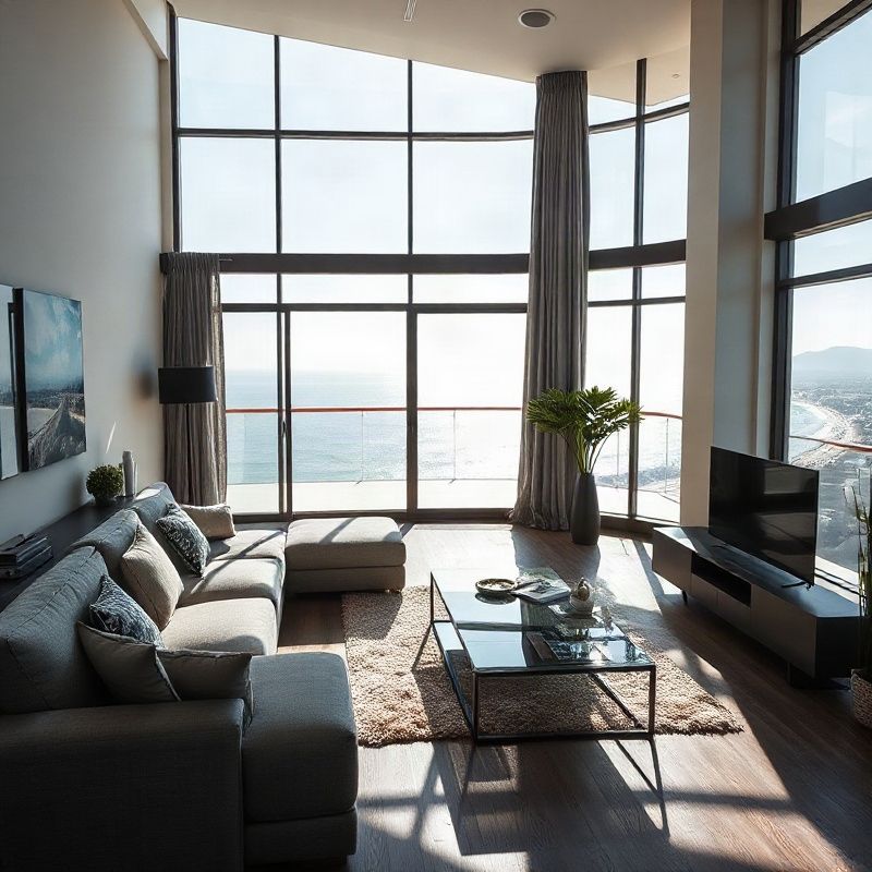 Sala de estar de apartamento contemporâneo em Fortaleza com vista para o Atlântico